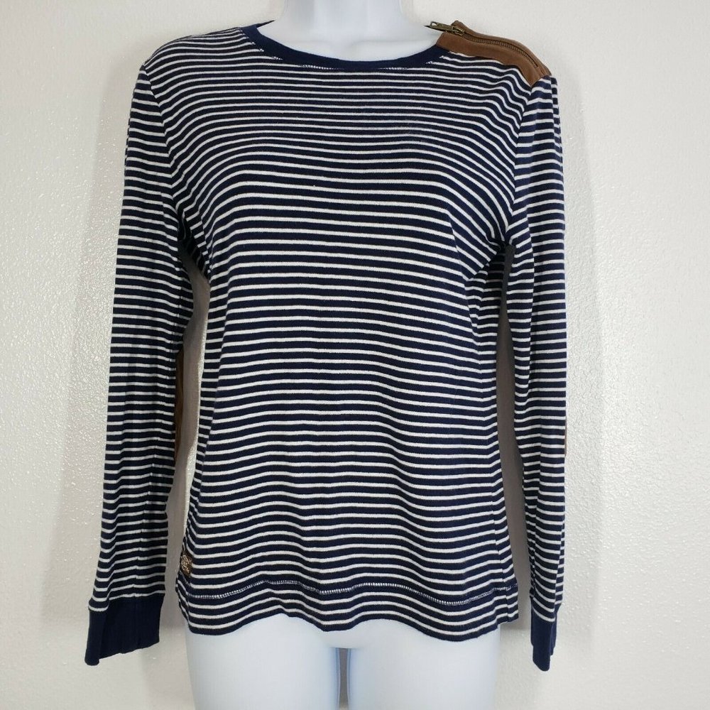Lauren Ralph Lauren Womens top blue White Striped leather patch Shirt Medium‎ - Picture 2 of 10